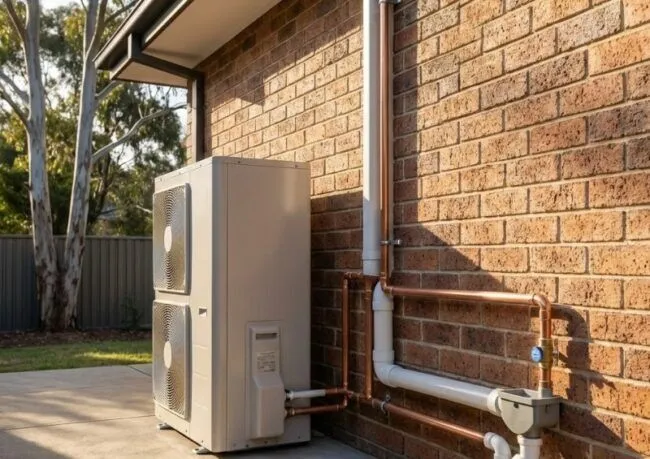Heat pump hot water system installed at a Sydney home showing a neat, compliant setup for an NSW upgrade.