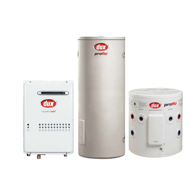 Dux Hot Water Systems including gas continuous flow, electric storage, and compact water heater models