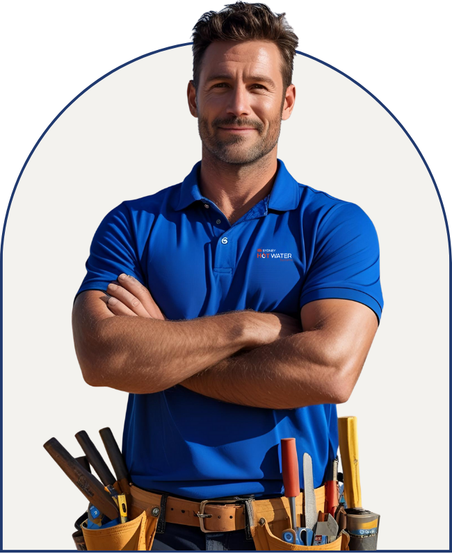 Hot Water Systems Sydney – Professional technician in a blue polo shirt with arms crossed, wearing a utility belt equipped with tools, ready for installation or repair.