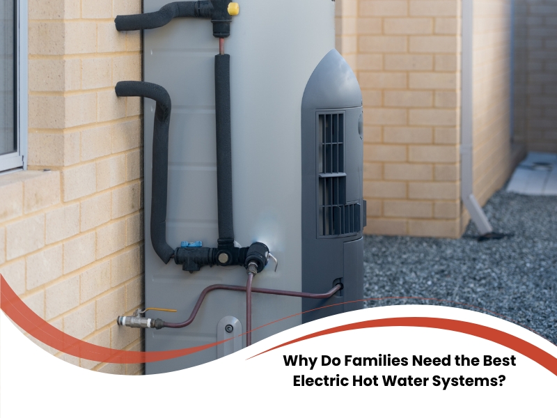 Outdoor electric hot water tank installation beside brick wall for household use
