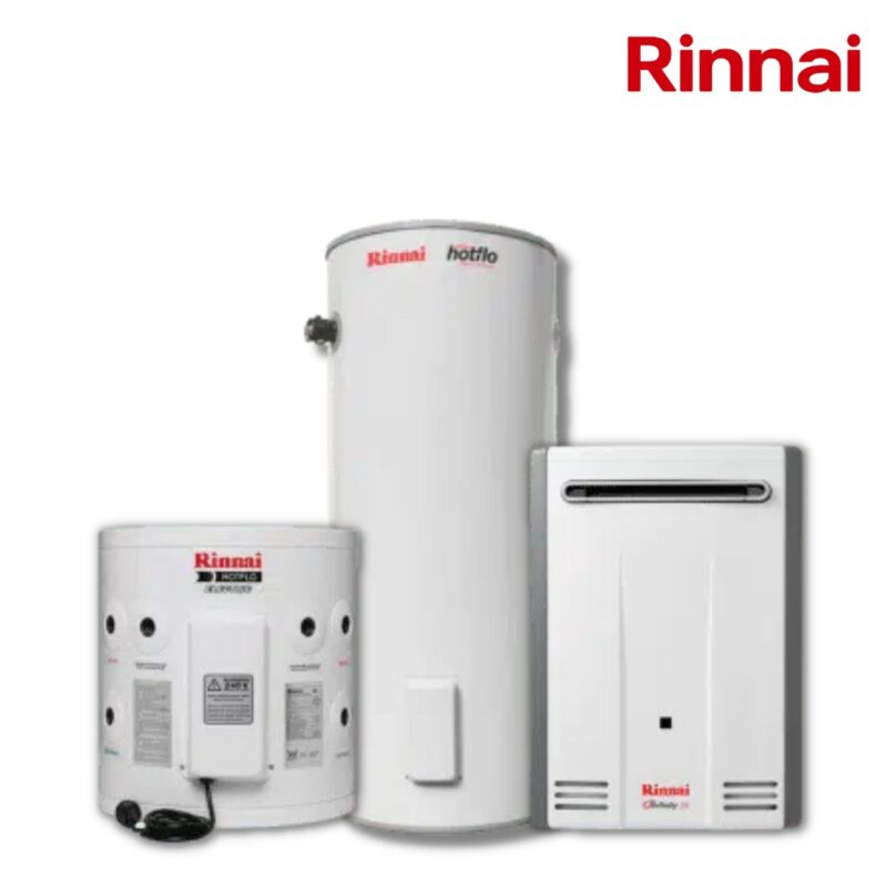 Rinnai hot water systems including electric storage, gas storage, and instant models.