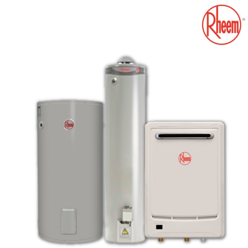 Collection of Rheem hot water systems including electric, gas, and continuous flow models.