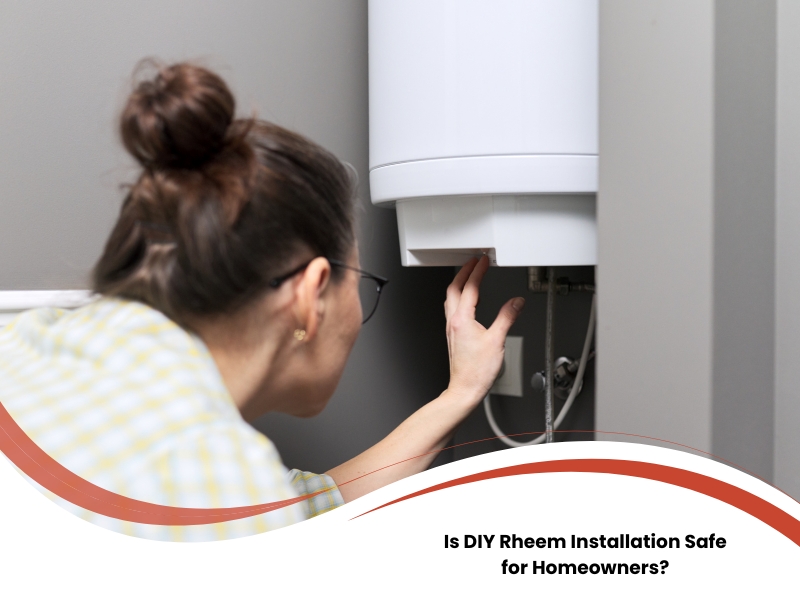 Homeowner examining an electric water heater while attempting rheem installation in a small Sydney laundry room.