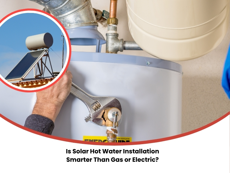 Technician adjusting tank during Solar Hot Water Installation with rooftop panel