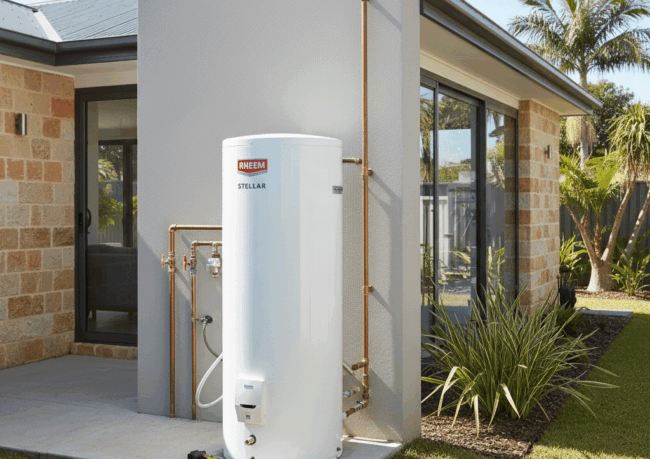 Plumber inspecting a Rheem hot water system outside a Sydney home.