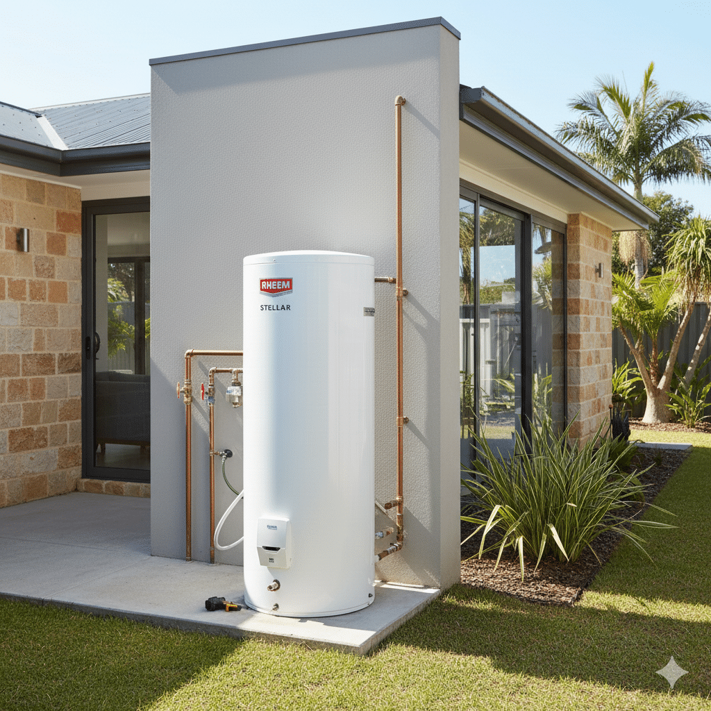 Plumber inspecting a Rheem hot water system outside a Sydney home.