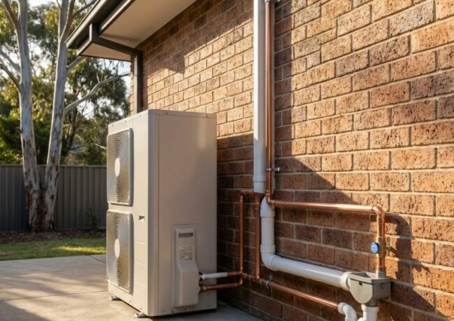 Heat pump hot water system installed at a Sydney home showing a neat, compliant setup for an NSW upgrade.