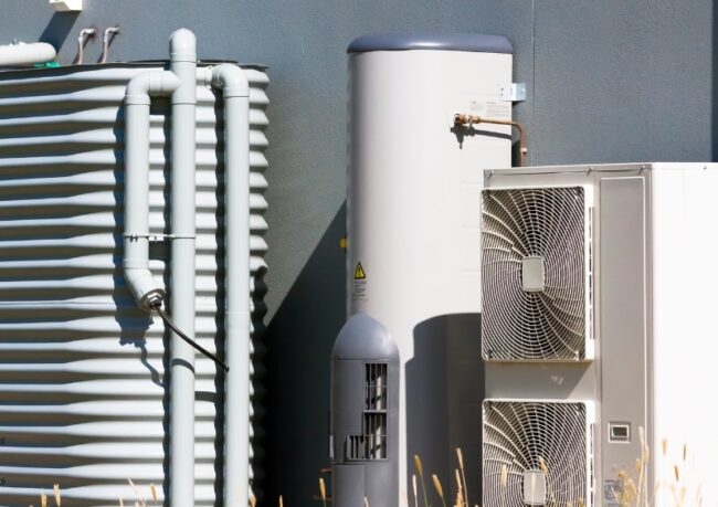 Hot Water Repair showing an outdoor heat pump hot water system with storage tank, pipes, and condenser unit