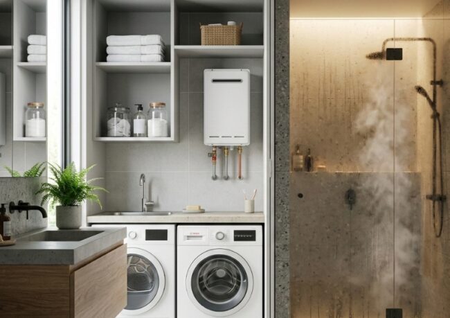 Ageing hot water unit in a Sydney home showing early warning signs like corrosion and moisture