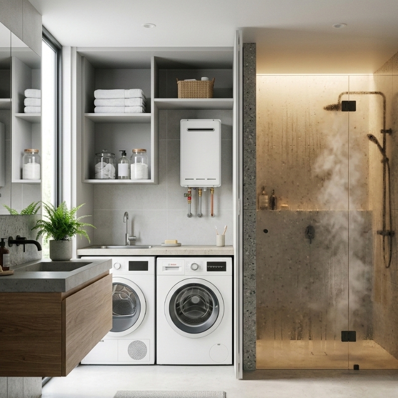 Ageing hot water unit in a Sydney home showing early warning signs like corrosion and moisture