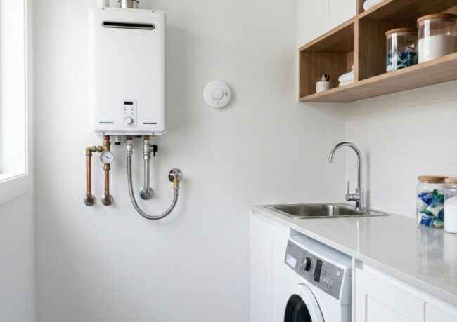 Sydney home gas hot water unit safety check showing warning signs like moisture near pipes and a homeowner inspecting from a safe distance.