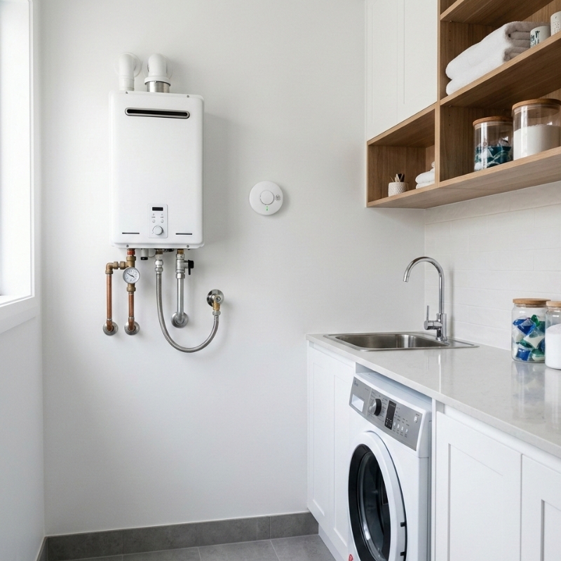 Sydney home gas hot water unit safety check showing warning signs like moisture near pipes and a homeowner inspecting from a safe distance.