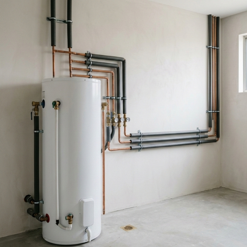 Modern hot water tank in a clean utility area showing the concept of choosing the right system size for a Sydney household.