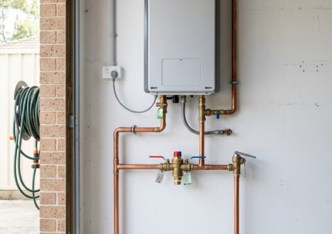Modern hot water system installation in a Sydney home showing unit, pipework, and tempering valve with no people