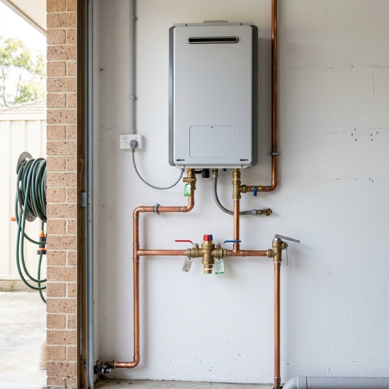 Modern hot water system installation in a Sydney home showing unit, pipework, and tempering valve with no people