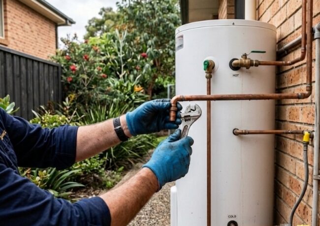 Plumber inspecting a hot water unit for leaks and wear to decide whether repair or replacement is needed in a Sydney home.