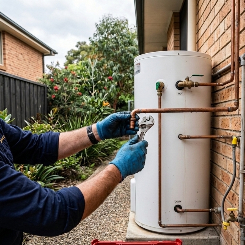 Plumber inspecting a hot water unit for leaks and wear to decide whether repair or replacement is needed in a Sydney home.