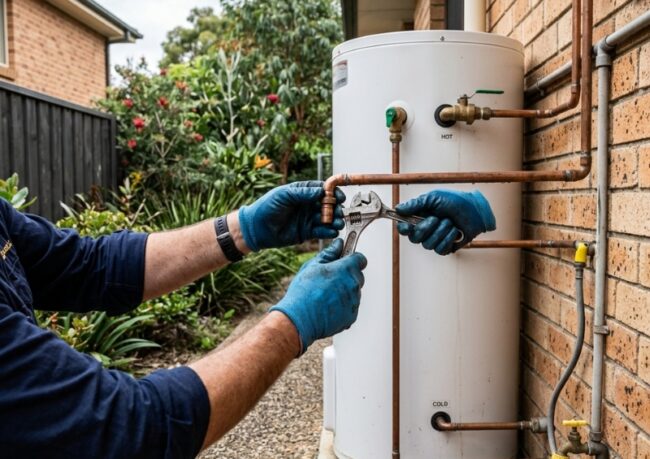 Plumber inspecting a hot water unit for leaks and wear to decide whether repair or replacement is needed in a Sydney home.