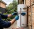 Plumber inspecting a hot water unit for leaks and wear to decide whether repair or replacement is needed in a Sydney home.