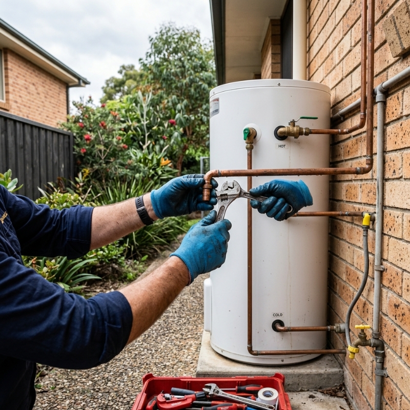Plumber inspecting a hot water unit for leaks and wear to decide whether repair or replacement is needed in a Sydney home.