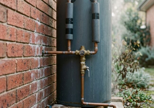 Outdoor hot water unit with insulated pipes and tempering valve installed beside a Sydney home in winter.