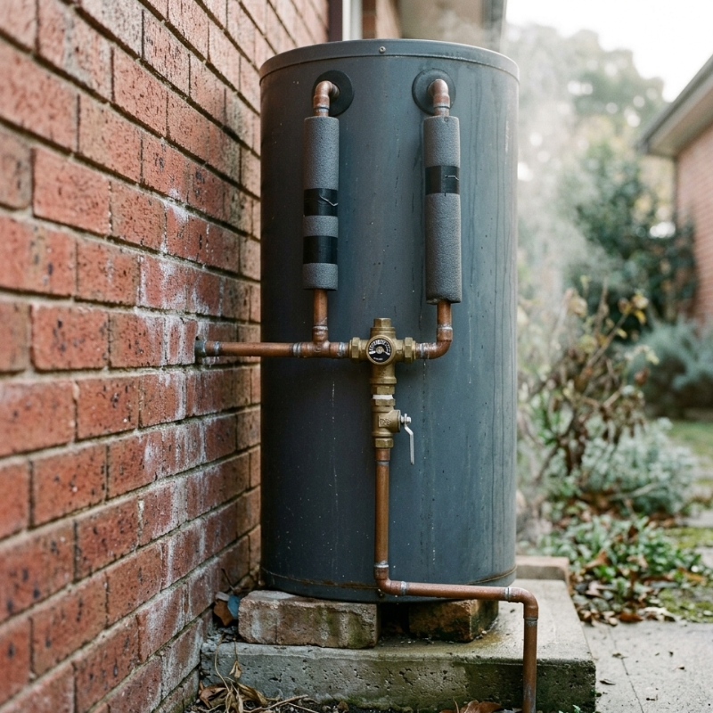 Outdoor hot water unit with insulated pipes and tempering valve installed beside a Sydney home in winter.