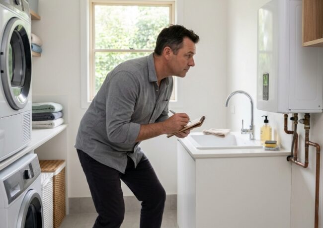Homeowner in Sydney checking a hot water system area for unusual smells and moisture.