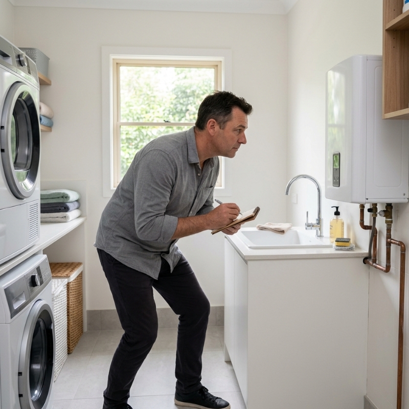 Homeowner in Sydney checking a hot water system area for unusual smells and moisture.