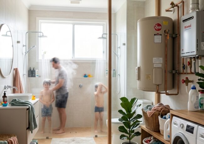 Sydney household hot water system sizing guide showing storage litres and continuous flow capacity.