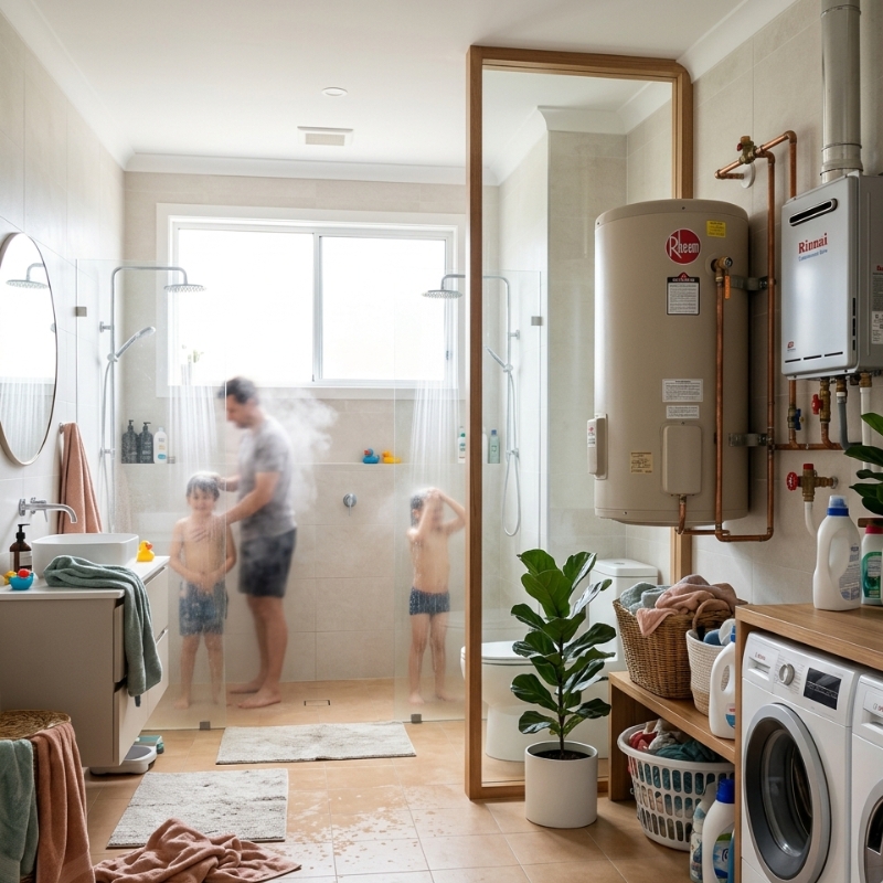 Sydney household hot water system sizing guide showing storage litres and continuous flow capacity.