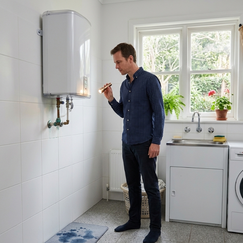 Sydney homeowner inspecting an ageing water heater for corrosion and leak warning signs.