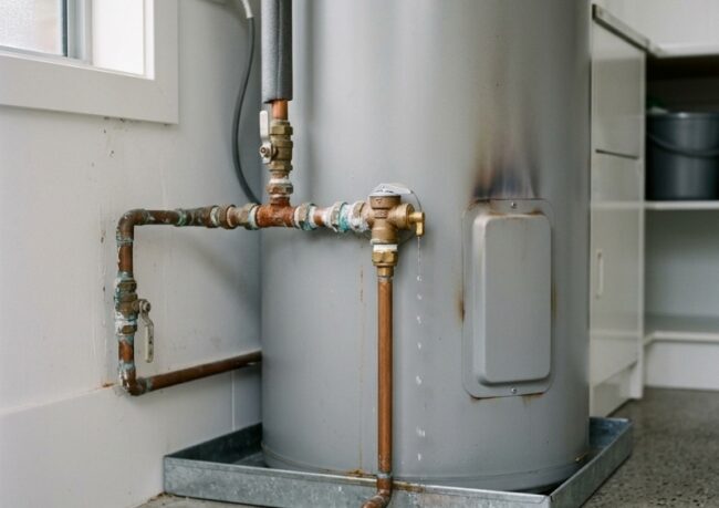 Hot water heater in a residential utility area showing a leaking pressure relief valve, rust stains on pipe connections, and visible signs of wear indicating potential safety risks.