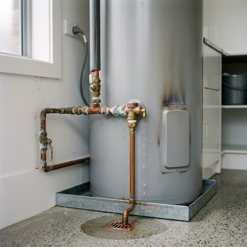 Hot water heater in a residential utility area showing a leaking pressure relief valve, rust stains on pipe connections, and visible signs of wear indicating potential safety risks.