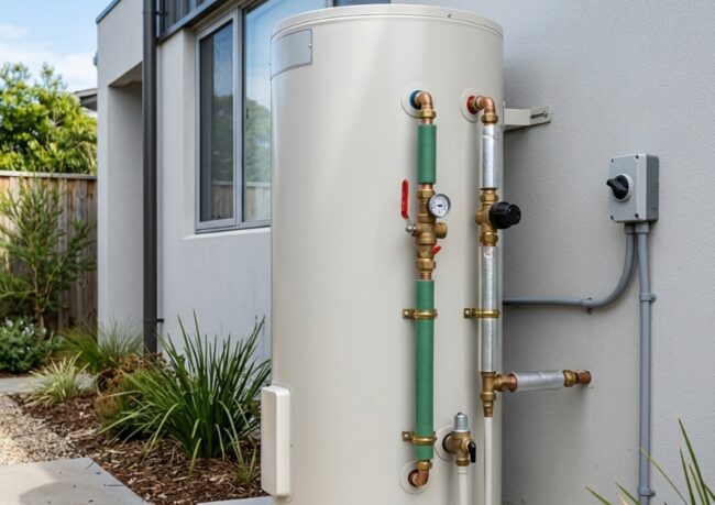 Electric hot water unit installed outdoors beside a Sydney home with insulated pipework, pressure control valves, and corrosion-resistant fittings.