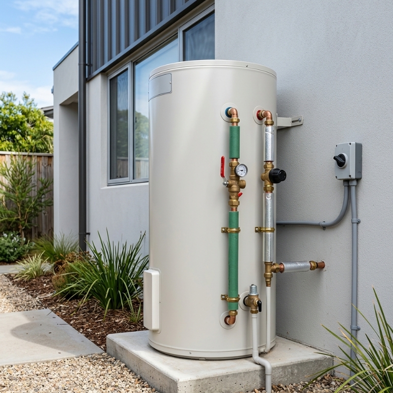 Electric hot water unit installed outdoors beside a Sydney home with insulated pipework, pressure control valves, and corrosion-resistant fittings.