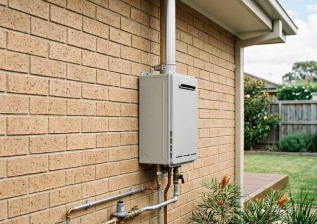 Outdoor gas hot water system beside a residential home with visible flue, ventilation clearance, gas connection and safety-compliant installation in Sydney.