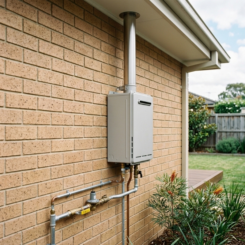 Outdoor gas hot water system beside a residential home with visible flue, ventilation clearance, gas connection and safety-compliant installation in Sydney.
