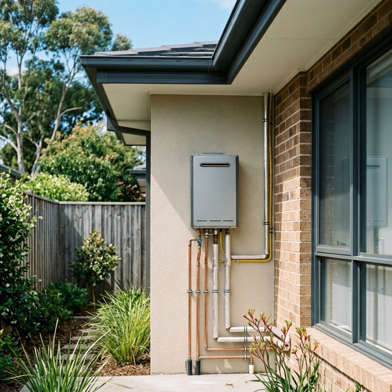 Modern gas hot water system installed outside a Sydney home