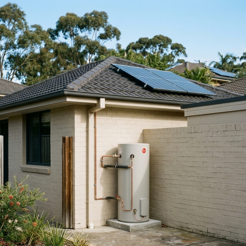 Modern hot water unit installed outside a Sydney home with solar panels and compact design