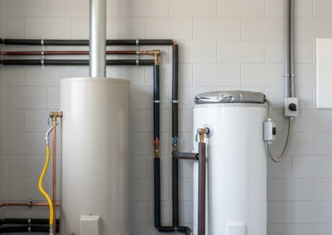 Gas and electric hot water systems installed side by side in a clean residential utility area for a maintenance comparison.