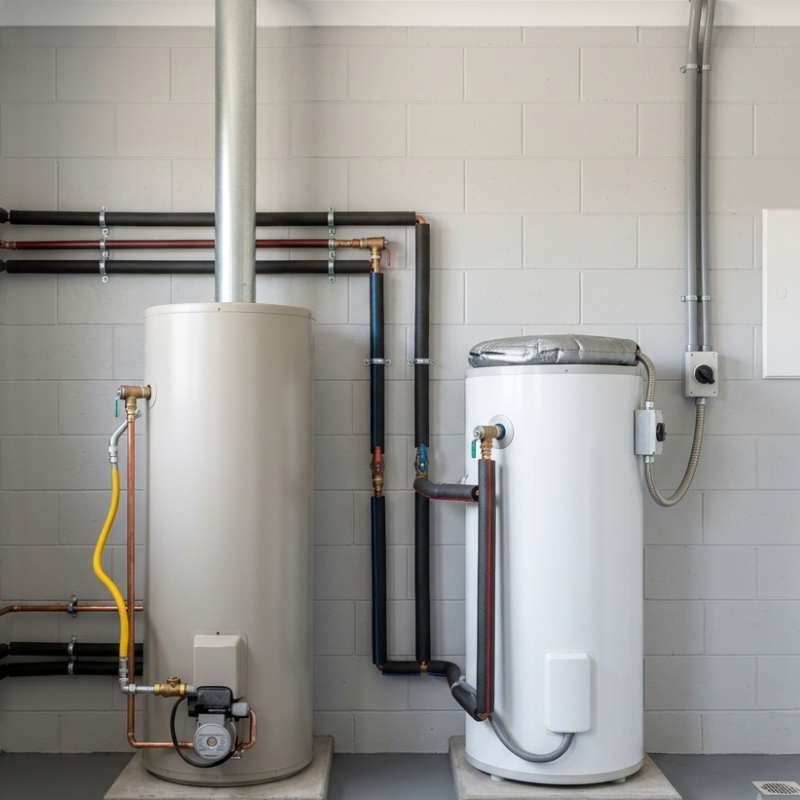 Gas and electric hot water systems installed side by side in a clean residential utility area for a maintenance comparison.