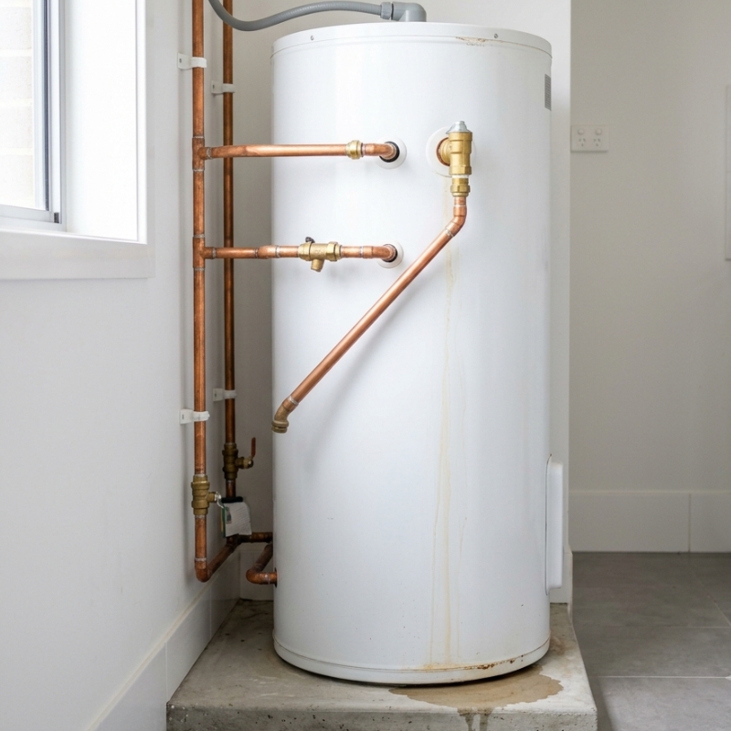 Ageing residential hot water system with minor water pooling at the base in a clean Australian home utility area.