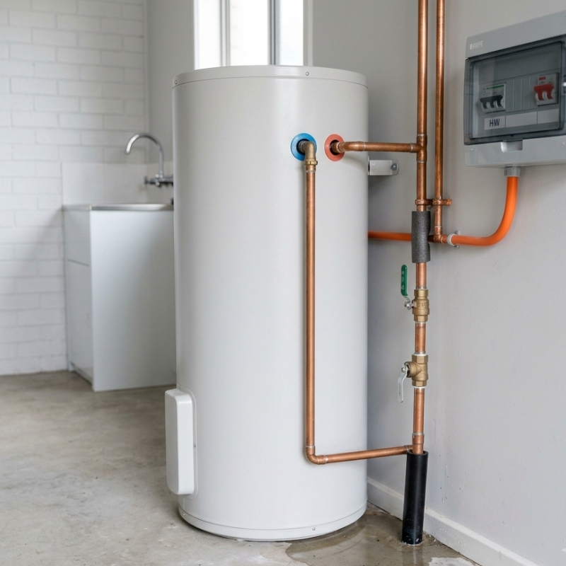 Modern hot water system in a Sydney home utility area with visible plumbing and a small water leak for troubleshooting.